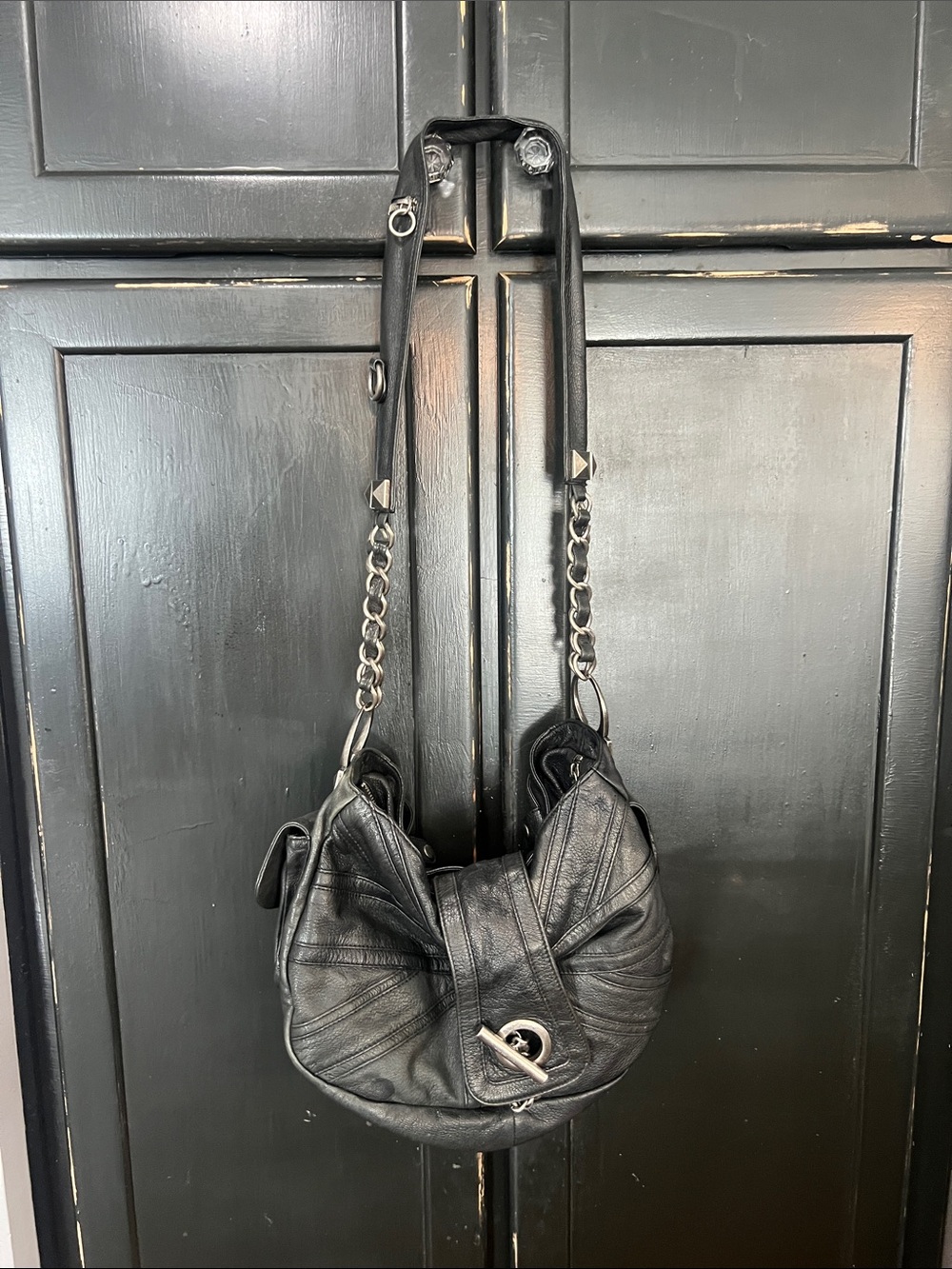 Betsy Johnson Black Leather Chain-Accent Shoulder Bag